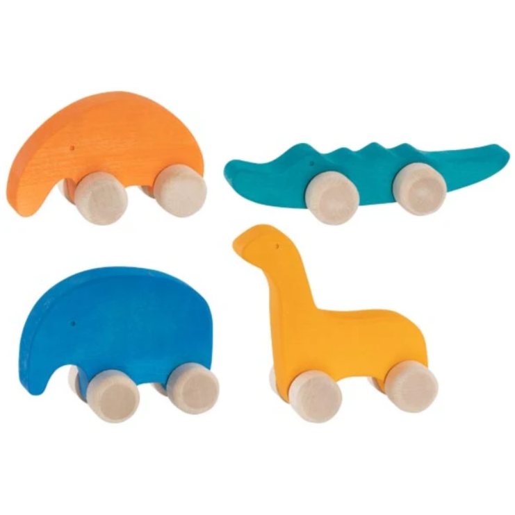 Set of four colorful wooden animal toys on a white background