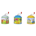 Three colorful tin music boxes with cartoon designs on a white background