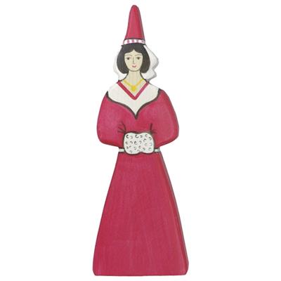 Wooden figurine of a character in a red dress and hat on a white background