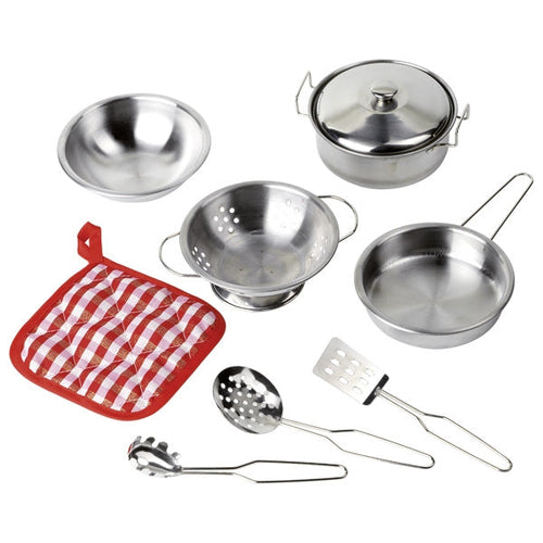 Set of toy metal kitchen utensils including pots, pans, and a potholder on a white background