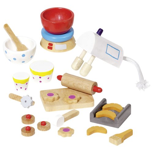 Collection of wooden kitchen playset items on a white background