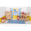 DOllhouse room with wooden furniture including a bed, wardrobe, and table.