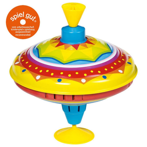 Colorful toy spinning top with 'spiel gut' logo on a white background