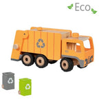Toy garbage truck with recycling symbol, accompanied by two small trash bins on a white background.