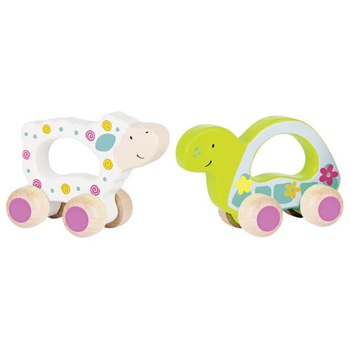 Two colorful wooden toys shaped like a sheep and a turtle on a white background