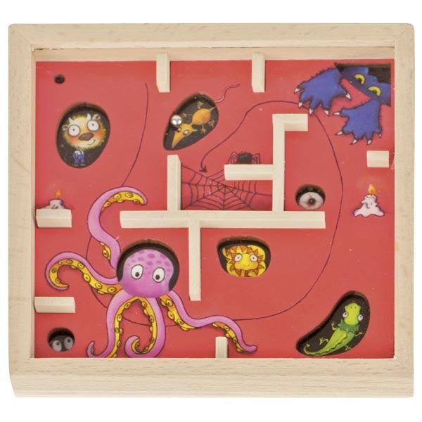 Wooden puzzle with colorful characters on a red background