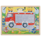 Children's puzzle with a fire truck and firefighters on a white background