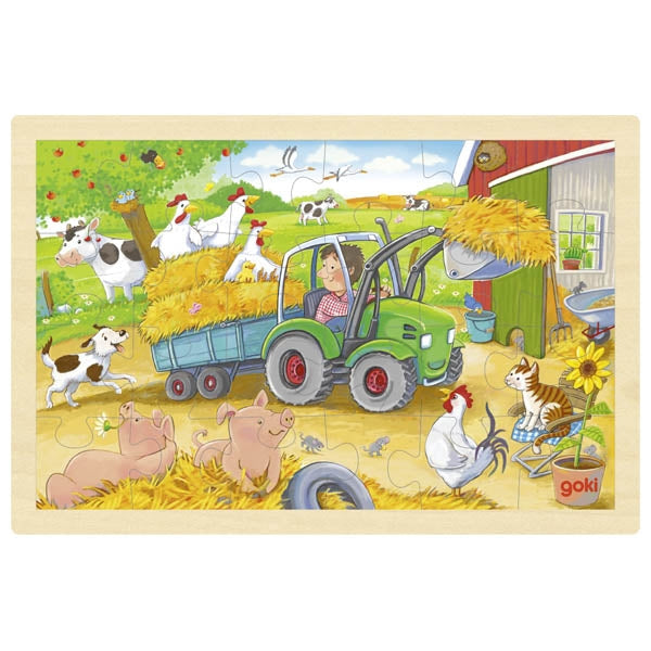 Wooden puzzle with farm animals and a tractor on a wooden frame