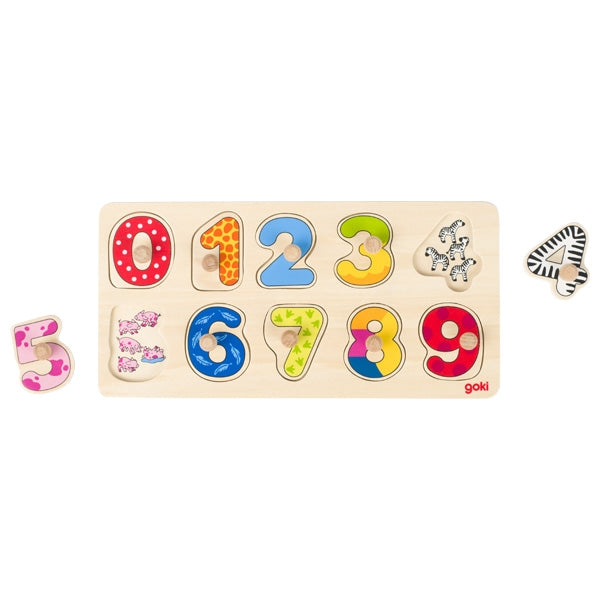 Wooden number puzzle with colorful numbers and animal figures on a white background