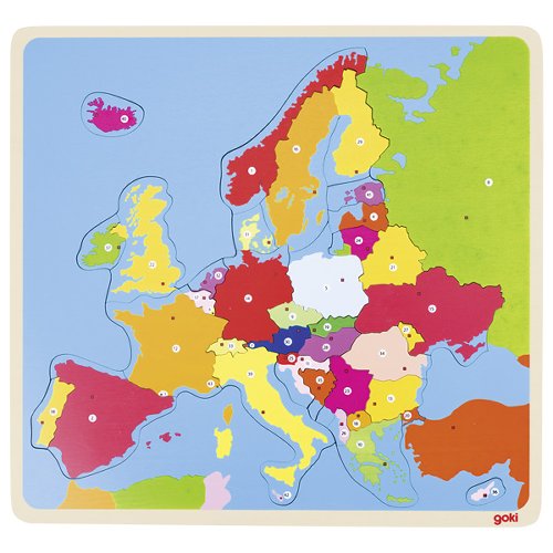 Colorful wooden puzzle map of Europe with countries in different colors on a blue background.