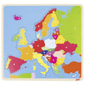 Colorful wooden puzzle map of Europe with countries in different colors on a blue background.