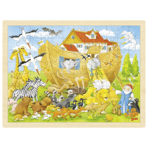 Children's puzzle with Noah's Ark and animals on a wooden frame