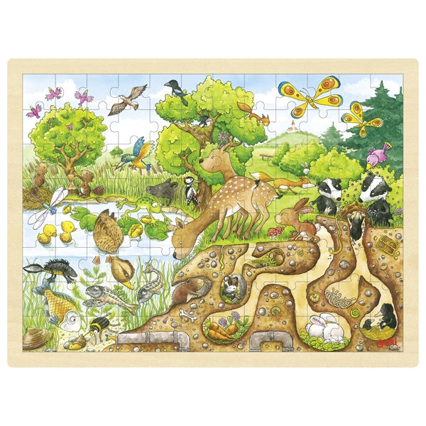 Wooden puzzle with animal illustrations on a white background