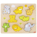 Wooden puzzle with colorful animal shapes on a white background