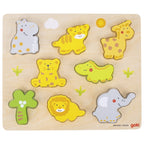 Wooden puzzle with colorful animal shapes on a white background
