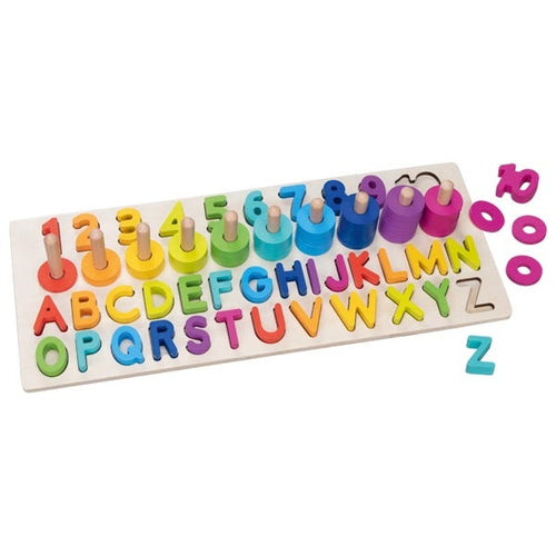 Colorful wooden alphabet and number puzzle on a white background