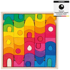 Colorful wooden building blocks in a box with a 'Winner' label for German Sustainability Award Company 2024.