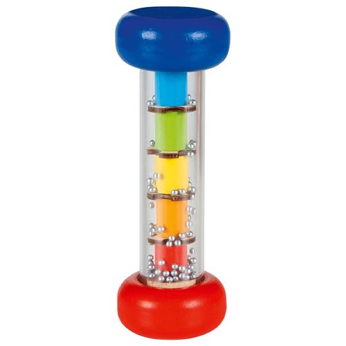 Colorful cylindrical toy with blue top, red base, and clear middle section with beads.