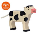 Wooden cow toy with black spots on a white background, featuring the 'spiel gut' logo.