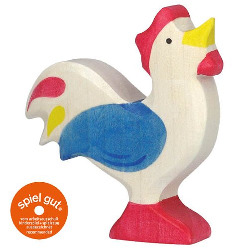 Wooden rooster toy with colorful design on a white background