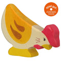 Wooden toy chicken with a red hat on a white background, featuring the 'spiel gut' logo.