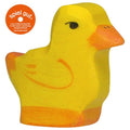 Yellow wooden duck with an orange beak on a white background, featuring the 'spiel gut' logo.