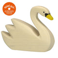 Wooden swan toy with 'spiel gut' logo on a white background