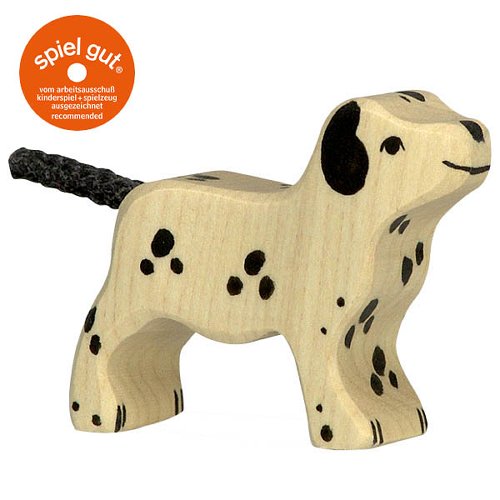 Wooden dog toy with black spots on a white background, featuring the 'spiel gut' logo.