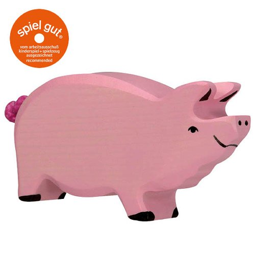 Pink wooden pig with 'spiel gut' logo on a white background