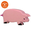 Pink wooden pig toy with 'spiel gut' logo on a white background