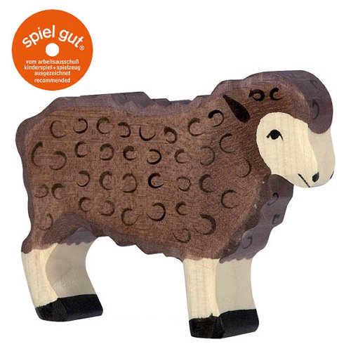 Wooden sheep toy with brown fleece and white face, featuring 'spiel gut' logo.