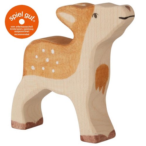 Wooden deer toy with 'spiel gut' logo on a white background