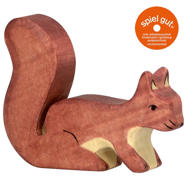 Wooden squirrel toy with 'spiel gut' logo on a white background