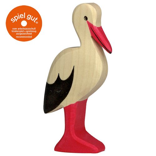 Wooden stork toy with red legs and beak on a white background, featuring the 'spiel gut' logo.