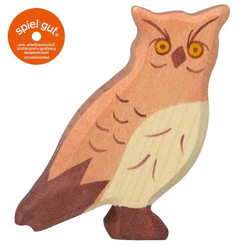 Wooden owl toy with 'spiel gut' logo on a white background