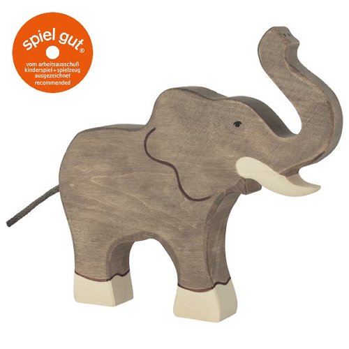Wooden elephant toy with 'spiel gut' logo on a white background
