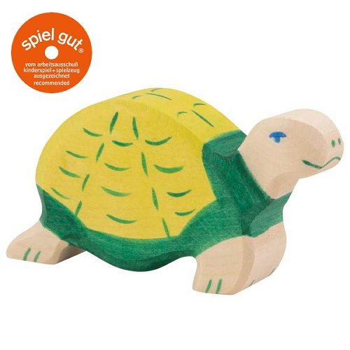 Wooden turtle toy with 'spiel gut' logo on a white background