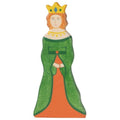 Wooden toy figure of a queen with a green dress and yellow crown on a white background