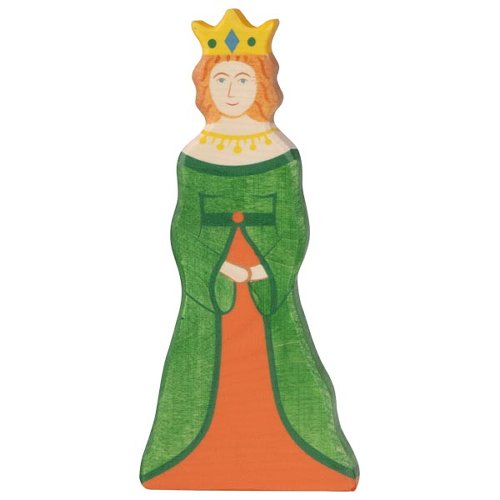 Wooden toy figure of a queen with a green dress and yellow crown on a white background
