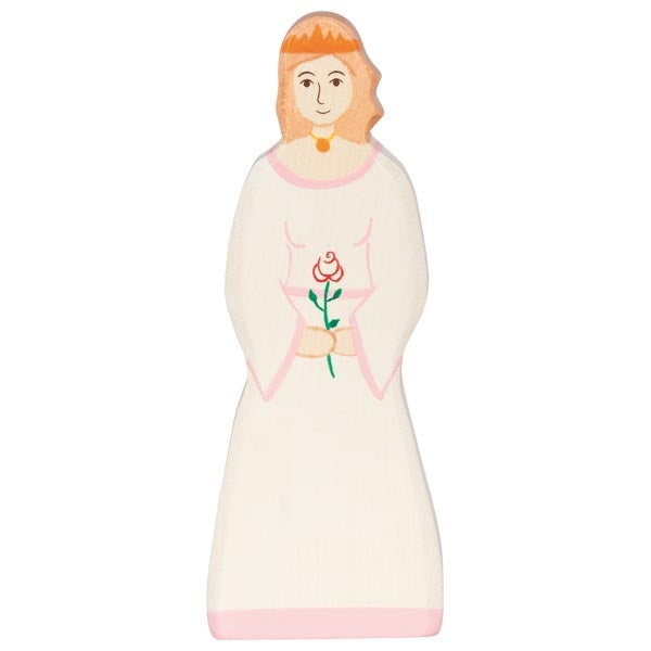 Decorative Toy figurine of a woman with a rose on a white background