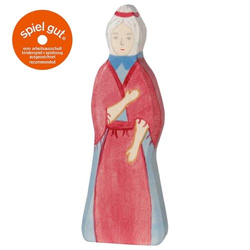 Wooden doll figure with a red dress and white hair on a white background, featuring the 'spiel gut' logo.