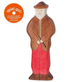 Wooden figurine of a bearded man with a red garment, standing on a white background with 'spiel gut' logo.