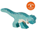 Wooden dinosaur toy with 'spiel gut' certification logo on a white background