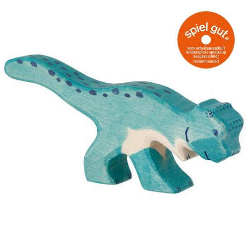 Wooden dinosaur toy with 'spiel gut' certification logo on a white background