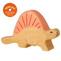 Wooden dinosaur toy with a red crest on a white background, featuring the 'spiel gut' logo.