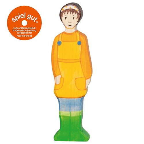 Wooden toy figure of a woman wearing an orange raincoat with 'spiel gut' logo.