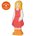 Wooden toy figure of a girl with a red dress and yellow hair on a white background, featuring the 'spiel gut' logo.