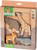 Wooden animal toys in packaging with Holztiger branding