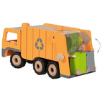 Toy garbage truck with recycling symbol on an orange body, green bin, and black wheels.