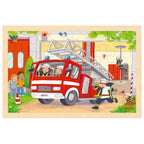 Children's puzzle with a fire truck and firefighters on a wooden frame